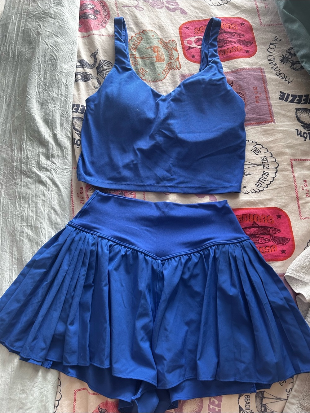 aerie Electric Blue Pleated Skater Skirt with Built-In Shorts and Cropped Tank